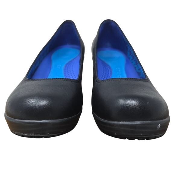 Crocs A Leigh Black Blue Inside Wedge 3" Women's Shoe 7 - Picture 2 of 9